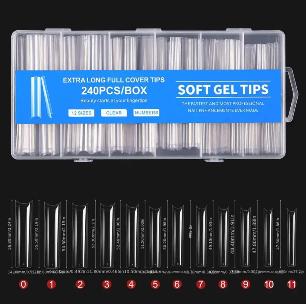 “240Pcs Clear Extra Long C Curve Nail Tips, Acrylic Gel DIY Professional Kit.”