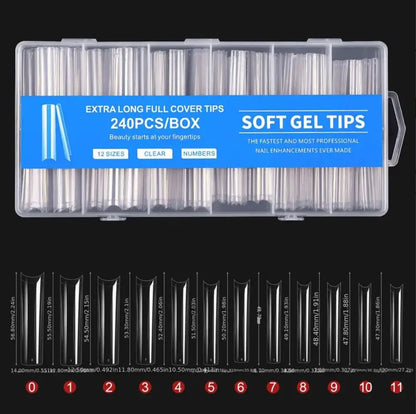 “240Pcs Clear Extra Long C Curve Nail Tips, Acrylic Gel DIY Professional Kit.”