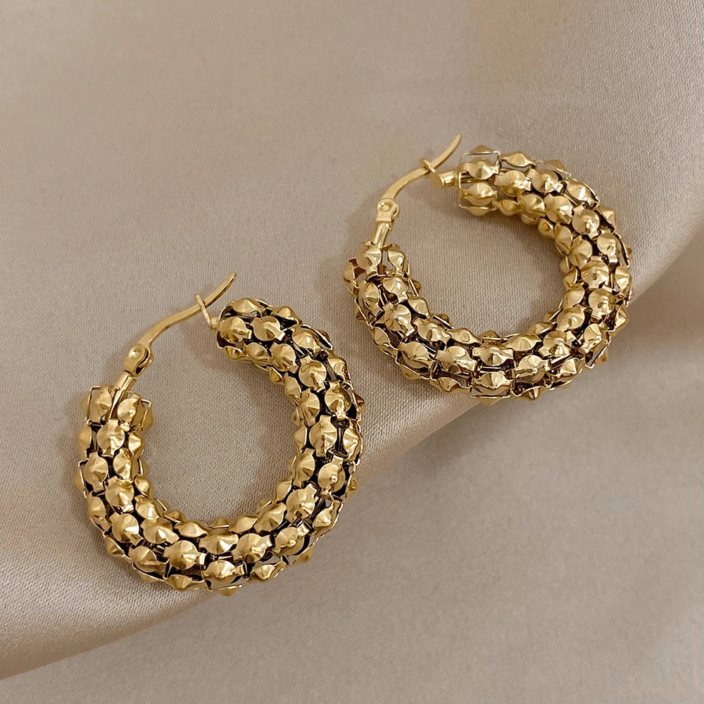 “Stainless steel gold geometric mesh hoop earrings, trendy stylish jewelry gift women.”
