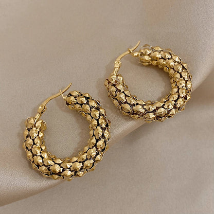 “Stainless steel gold geometric mesh hoop earrings, trendy stylish jewelry gift women.”