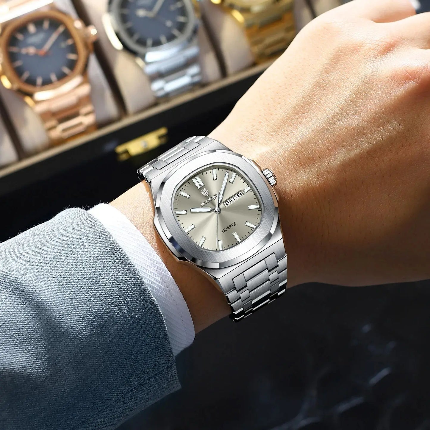 “Luxury military square men’s watch, waterproof, luminous date/week, stainless steel quartz.”