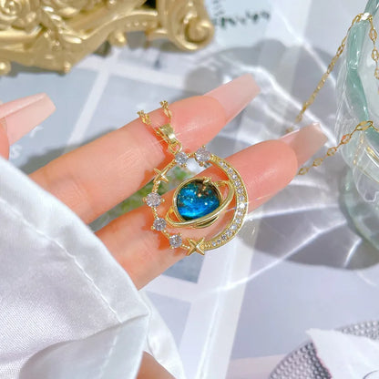“Exquisite Starry Sky Planet Necklace – Luxurious Stainless Steel Clavicle Chain with Stars & Moon Design”