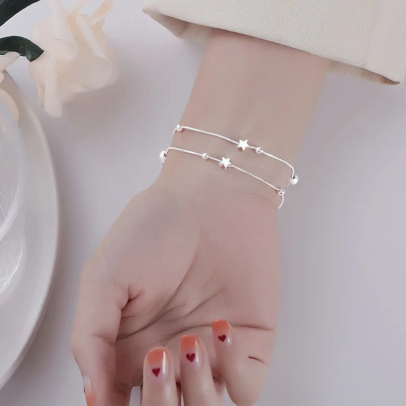“Luxury 925 sterling silver star beaded double-layer adjustable bracelet for women.”