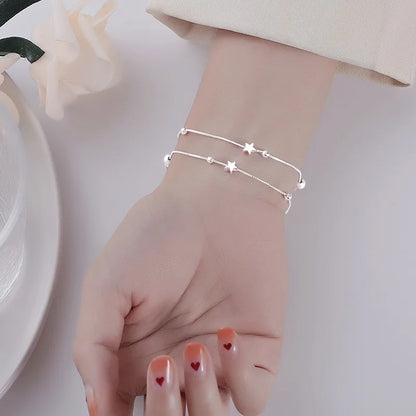 “Luxury 925 sterling silver star beaded double-layer adjustable bracelet for women.”