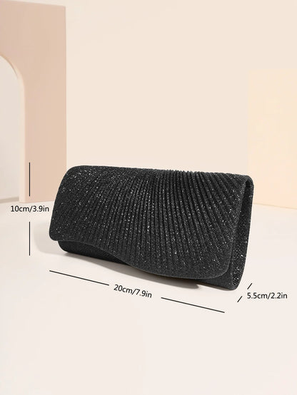 “Glitter Evening Bag for Women, Shiny Silver Party Clutch with Chain Strap.”