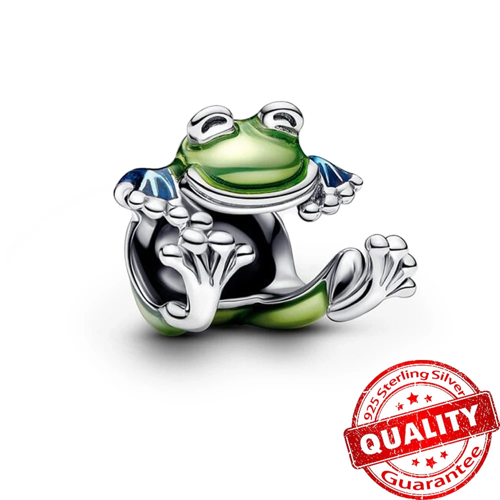 “925 Sterling Silver Green Monstera Leaves & Frog Dangle Charm - Fits Necklace & Bracelet.”