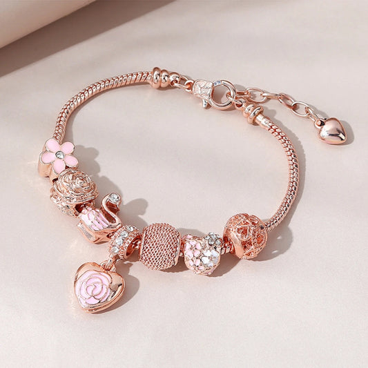 “Fashion rose and swan charm bracelet, elegant accessory for parties or daily wear.”