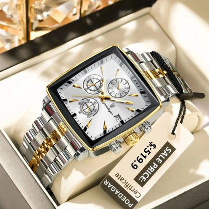 “Luxury waterproof square sport men’s watch with luminous chronograph, quartz, stainless steel.”