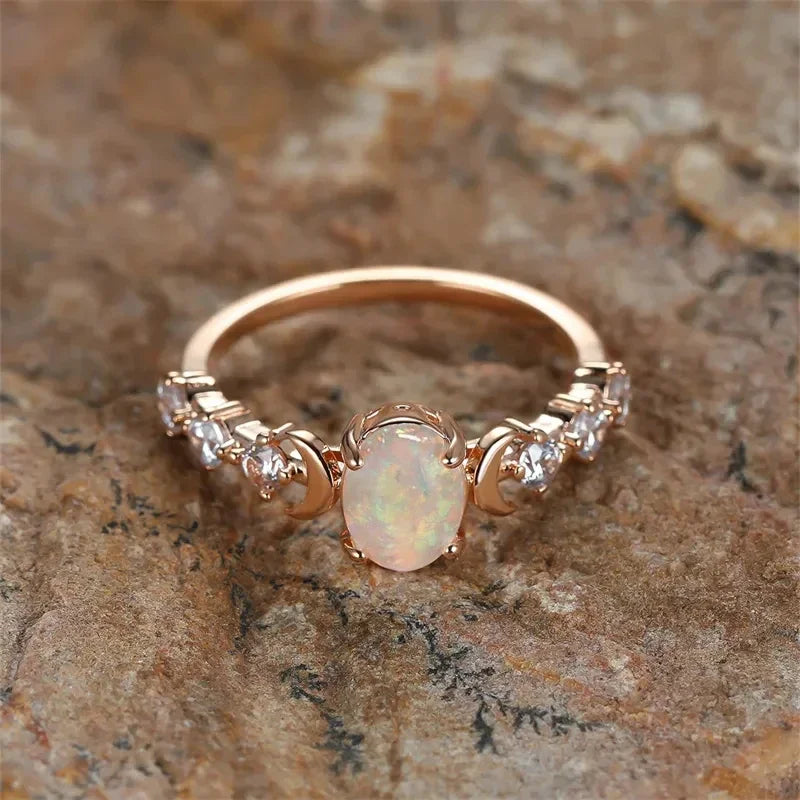“Blue/white imitation opal moon rings, elegant wedding and anniversary jewelry gifts.”