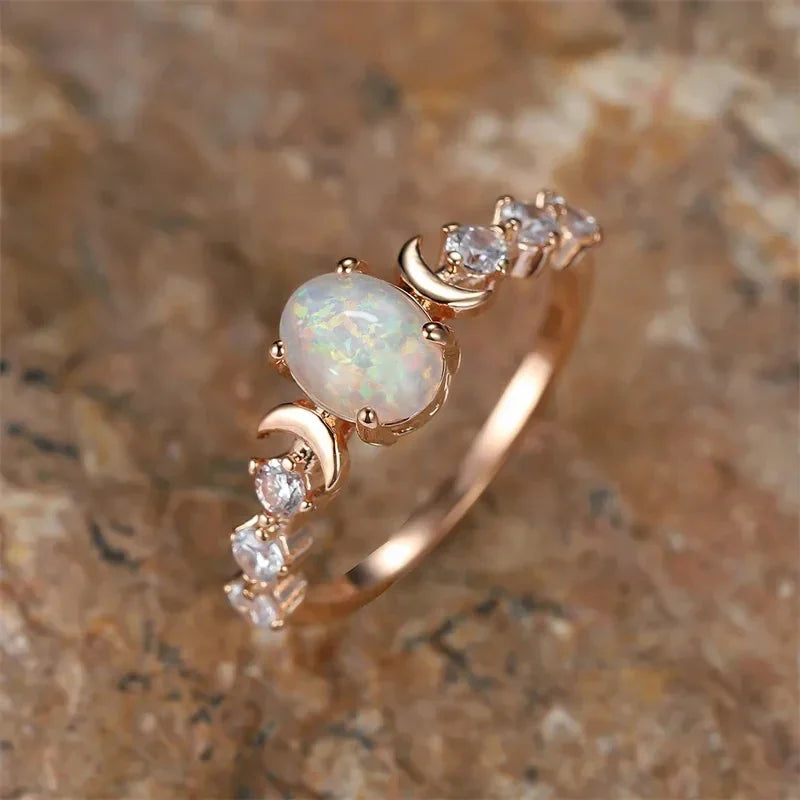 “Blue/white imitation opal moon rings, elegant wedding and anniversary jewelry gifts.”