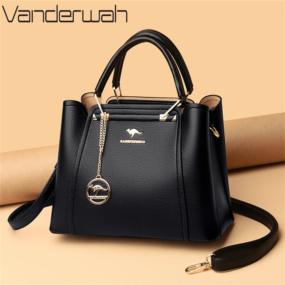 “Luxury women’s designer leather handbag, 3 layers, large capacity, shoulder crossbody tote.”