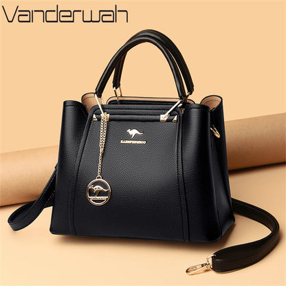 “Luxury women’s designer leather handbag, 3 layers, large capacity, shoulder crossbody tote.”