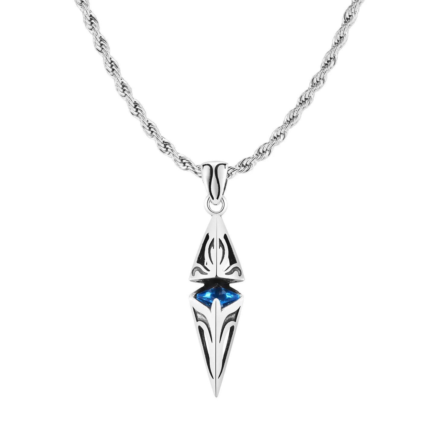 “Stylish Blue Stone Necklace for Men & Women - Stainless Steel Geometric Pendant.”