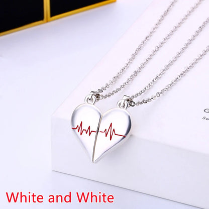 “Simple Couple Pendant Necklace – Electrocardiogram & Magnetic Heart Design, Valentine’s Day Gift”