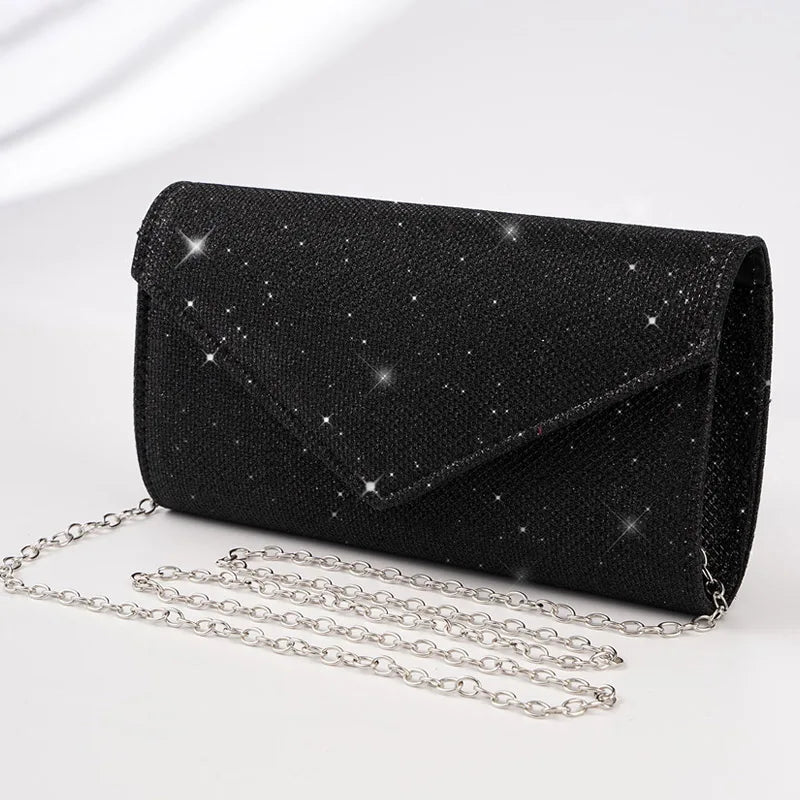 “Glitter Evening Bag for Women, Shiny Silver Party Clutch with Chain Strap.”