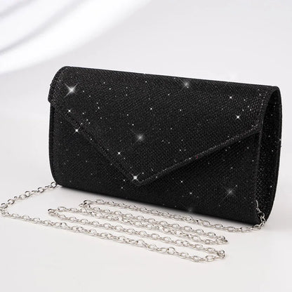 “Glitter Evening Bag for Women, Shiny Silver Party Clutch with Chain Strap.”