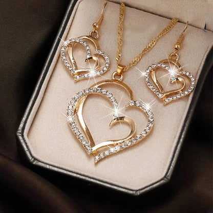“3-Piece Heart-Shaped Jewelry Set - Earrings, Pendant, Necklace with Rhinestones.”