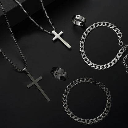 “3pcs Men’s Stainless Steel Metal Cross Pendant Set - Necklace, Bracelet, Ring for Daily Wear.”