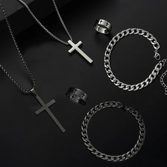 “3pcs Men’s Stainless Steel Metal Cross Pendant Set - Necklace, Bracelet, Ring for Daily Wear.”