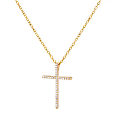“Zircon Cross Pendant Necklace for Women - Gold Stainless Steel Jewelry.”