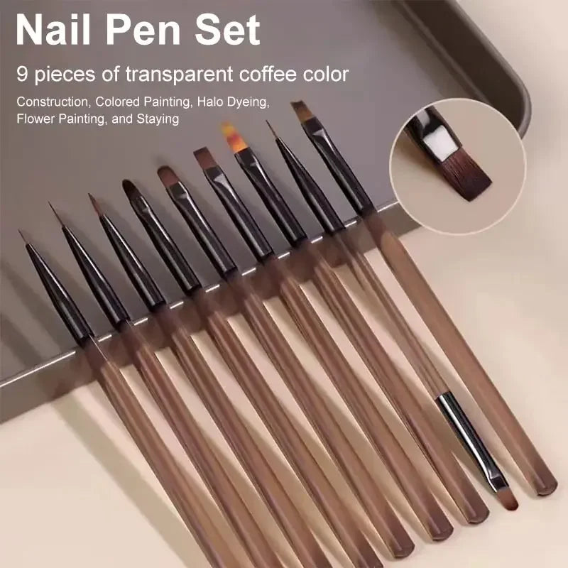 “9PCS UV gel nail brushes, liner pens, DIY acrylic painting for nail art designs.”