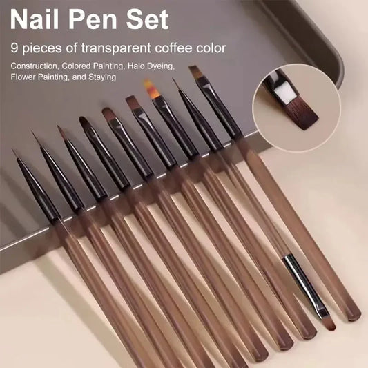 “9PCS UV gel nail brushes, liner pens, DIY acrylic painting for nail art designs.”