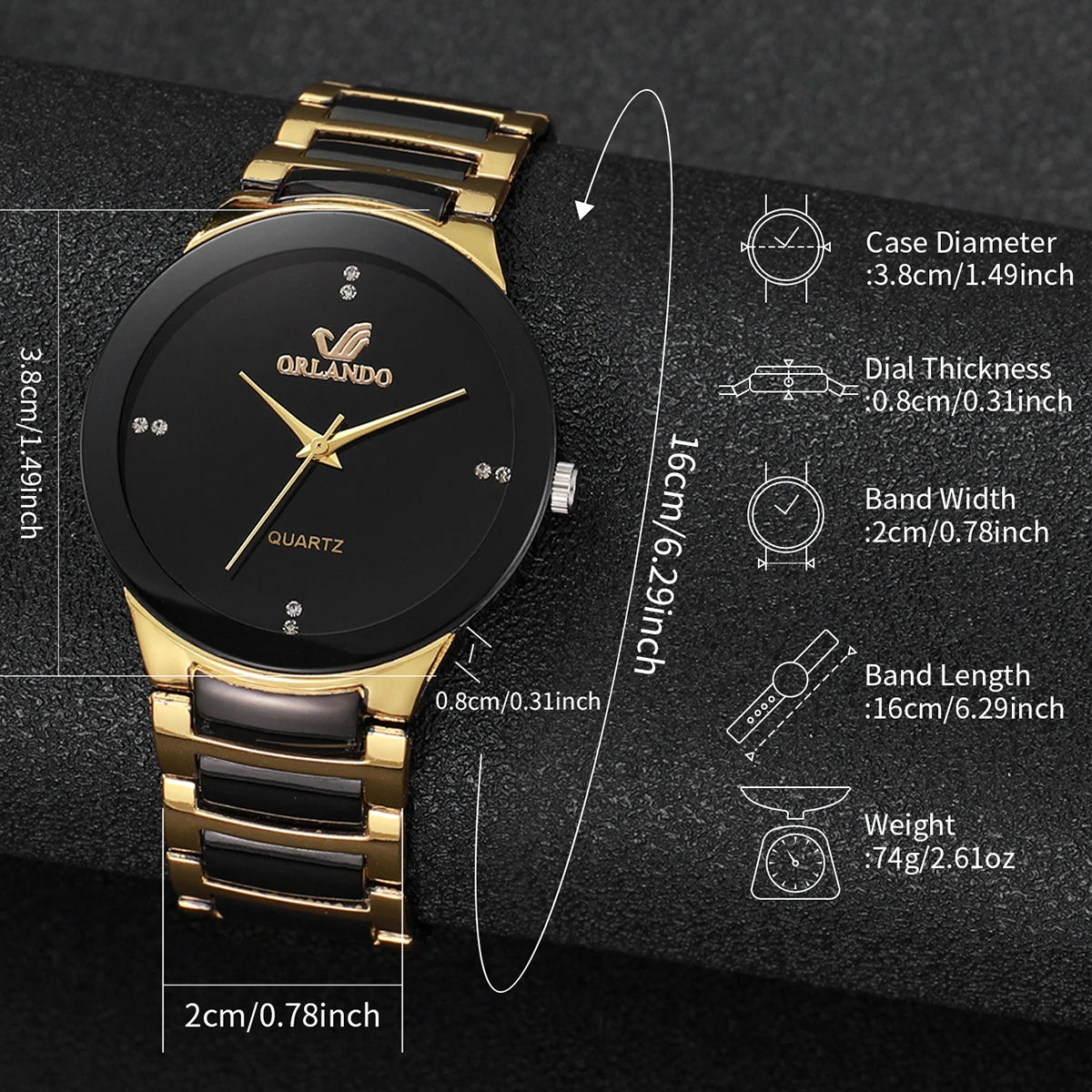 “Stylish men’s quartz watch, black steel band, perfect for business attire.”
