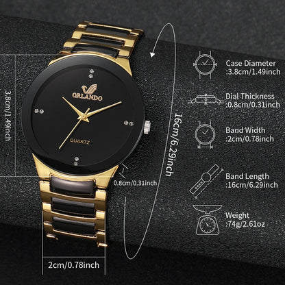 “Stylish men’s quartz watch, black steel band, perfect for business attire.”