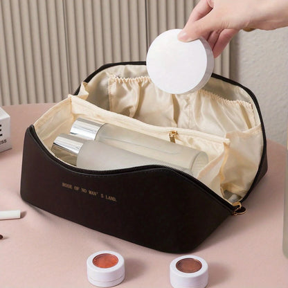 “Luxury makeup organizer bag, zippered, portable travel case for toiletries and cosmetics.”
