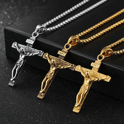 “Religious Stainless Steel Cross Necklace for Men - Gold/Silver.”
