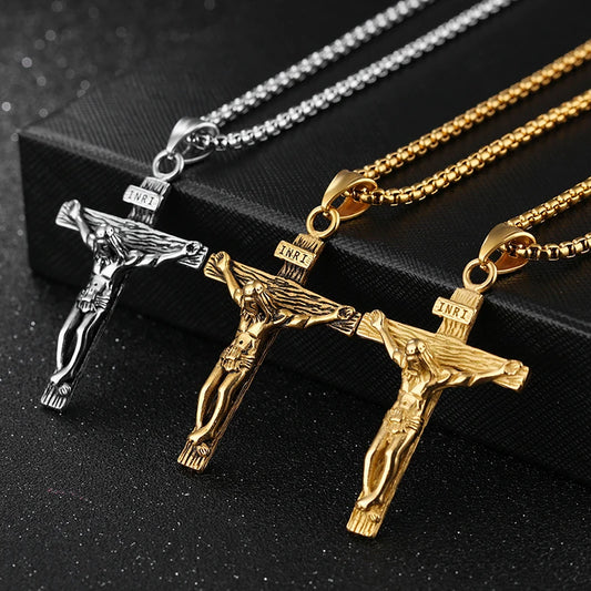 “Religious Stainless Steel Cross Necklace for Men - Gold/Silver.”