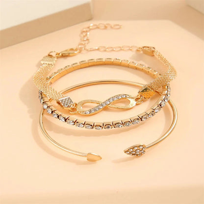 “Vintage Silver Crystal Heart Bracelet Set – Geometric Adjustable Infinity Cuff for Women”
