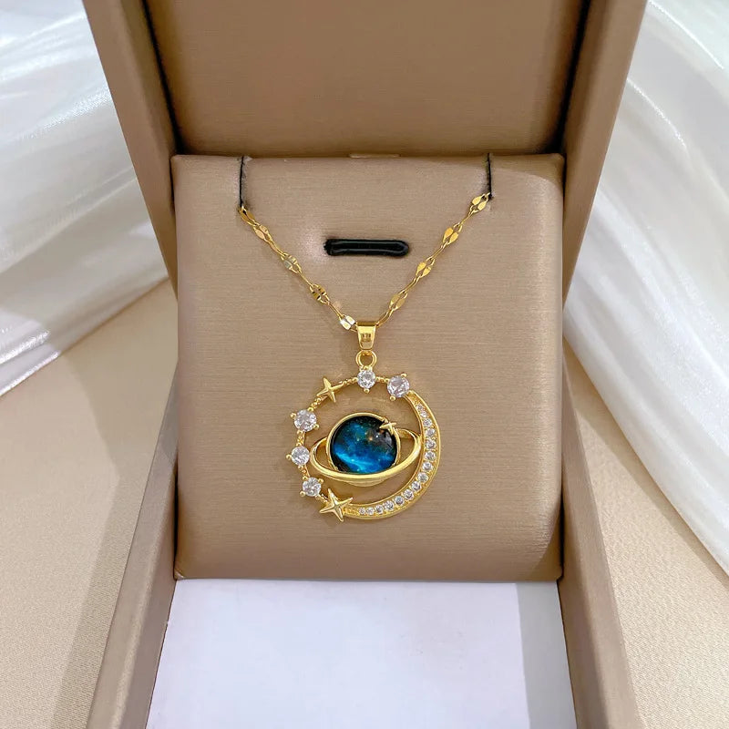 “Exquisite Starry Sky Planet Necklace – Luxurious Stainless Steel Clavicle Chain with Stars & Moon Design”