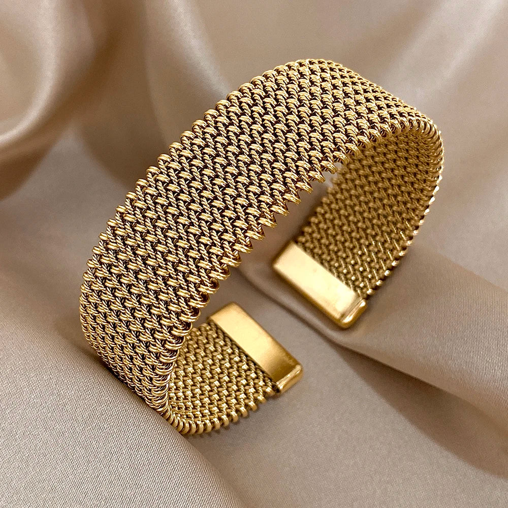 “Vintage Braided Mesh Cuff, Stainless Steel Waterproof Jewelry, Daily Party Gifts”