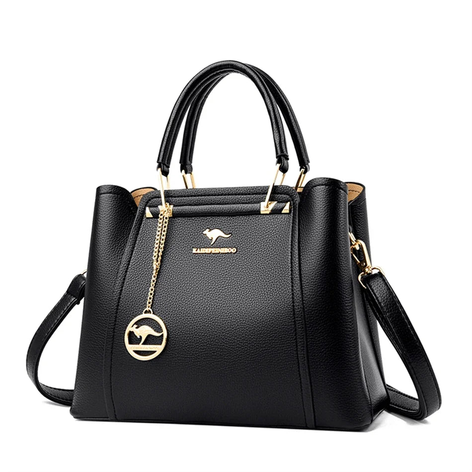 “Luxury women’s designer leather handbag, 3 layers, large capacity, shoulder crossbody tote.”