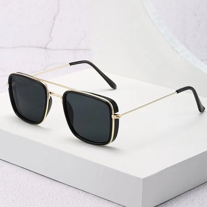 “Fashion metal square-frame sunglasses, retro European style, UV protection, Korean-inspired design.”