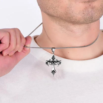 “Hip Hop Stainless Steel Flame Cross Pendant Necklace - Goth Jewelry for Men & Women.”