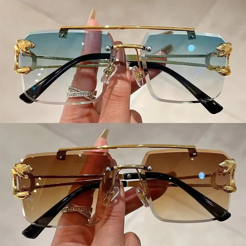 “Retro frameless unisex sunglasses, nickel double-layer design, UV400 protection.”