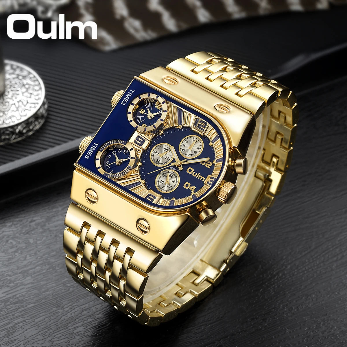 “Unique Men’s Square Gold Quartz Watch Sports Multi-Time Zone Waterproof Wristwatch.”