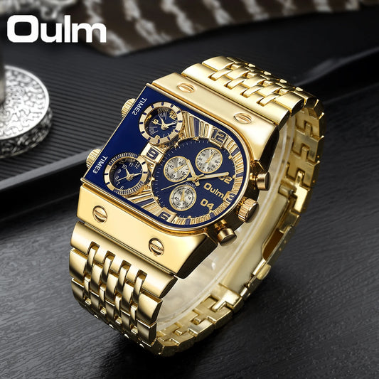 “Unique Men’s Square Gold Quartz Watch Sports Multi-Time Zone Waterproof Wristwatch.”
