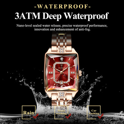 “Elegant waterproof women’s wristwatch, stainless steel, quartz, date display, stylish rectangle design.”