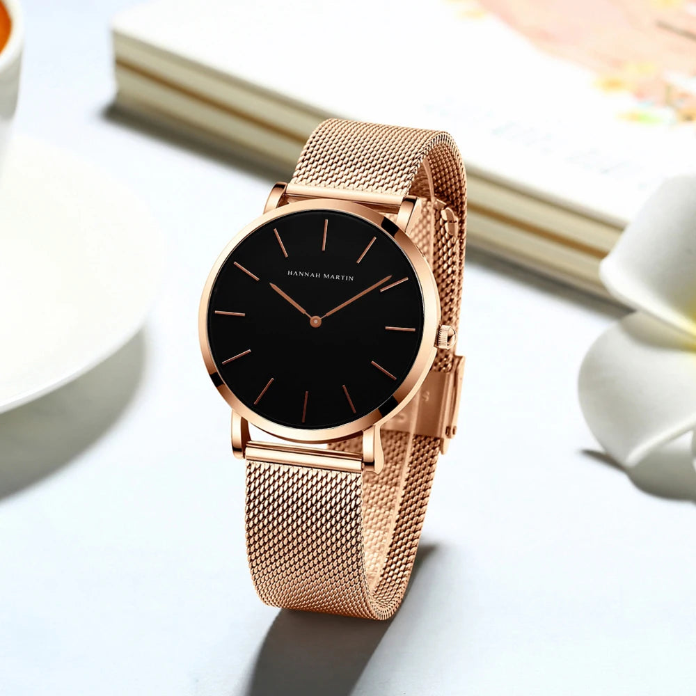 “Rose gold women’s bracelet watch, stainless steel mesh, simple, Japanese quartz.”