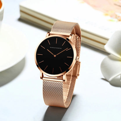 “Rose gold women’s bracelet watch, stainless steel mesh, simple, Japanese quartz.”