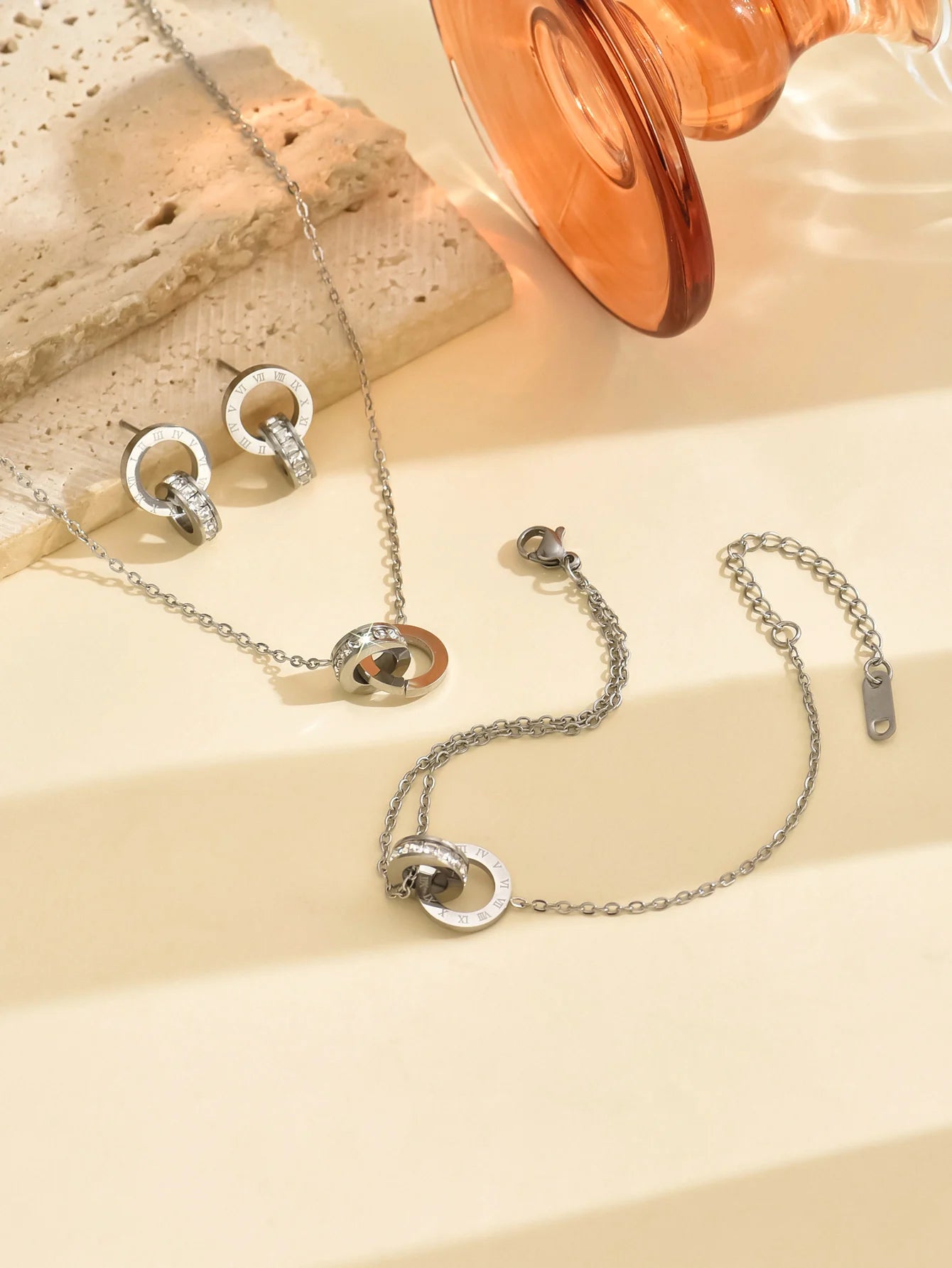 “Roman Style Jewelry Set – Double Ring Necklace, Bracelet & Earrings for Women”