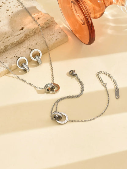 “Roman Style Jewelry Set – Double Ring Necklace, Bracelet & Earrings for Women”