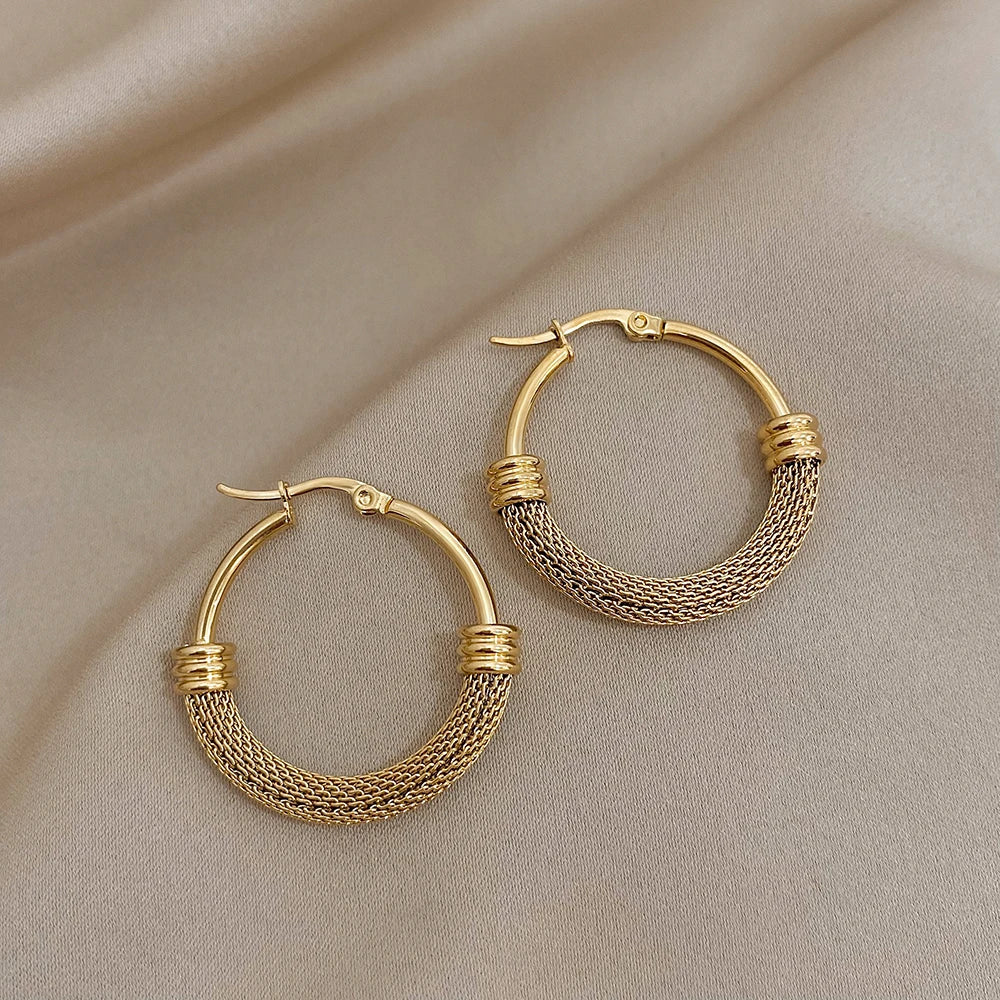 “Stainless steel gold geometric mesh hoop earrings, trendy stylish jewelry gift women.”