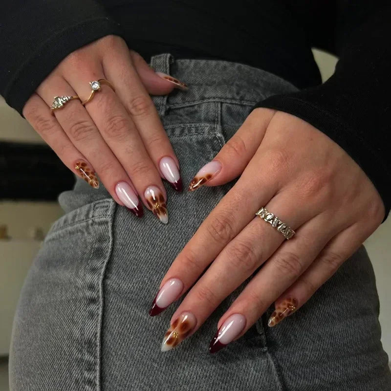 “24Pcs Matte Almond Press-On Nails – Autumn Winter Rose Leaf Design, Full Cover with Glue”