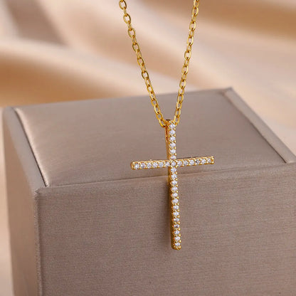 “Zircon Cross Pendant Necklace for Women - Gold Stainless Steel Jewelry.”