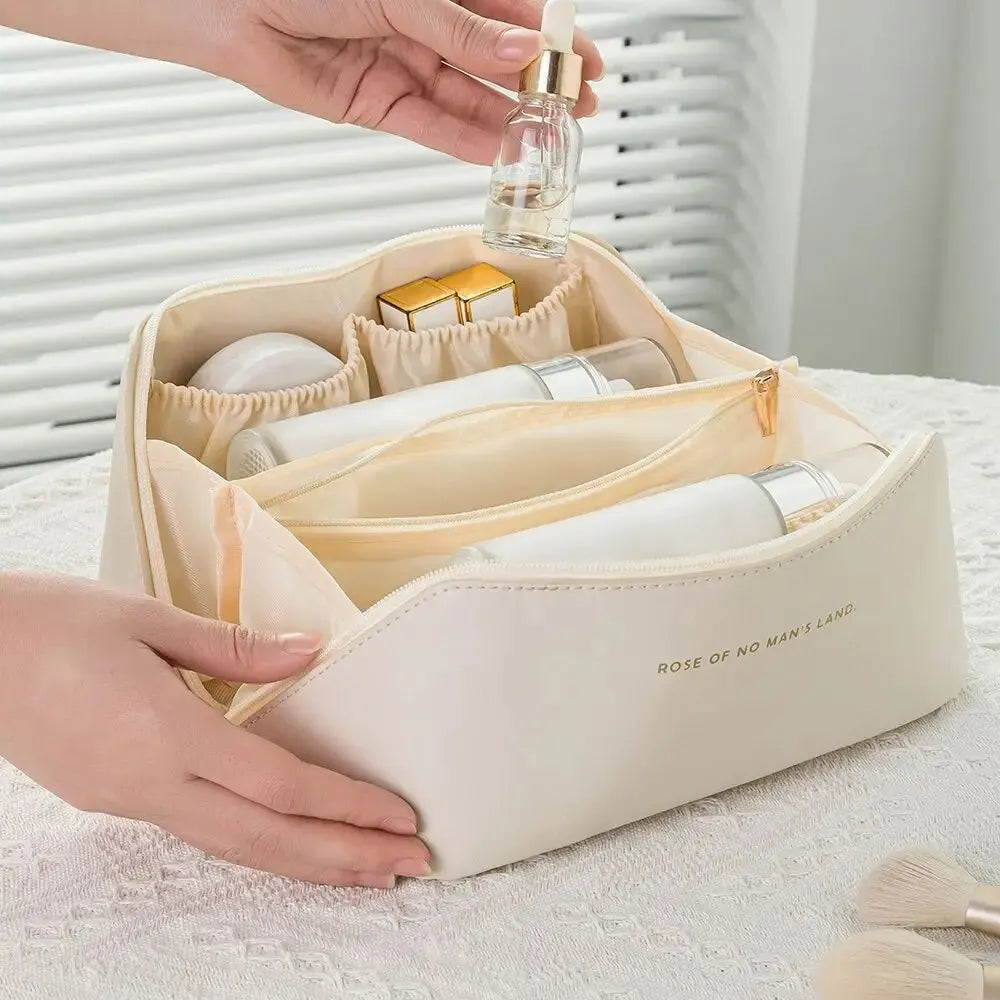 “Luxury makeup organizer bag, zippered, portable travel case for toiletries and cosmetics.”