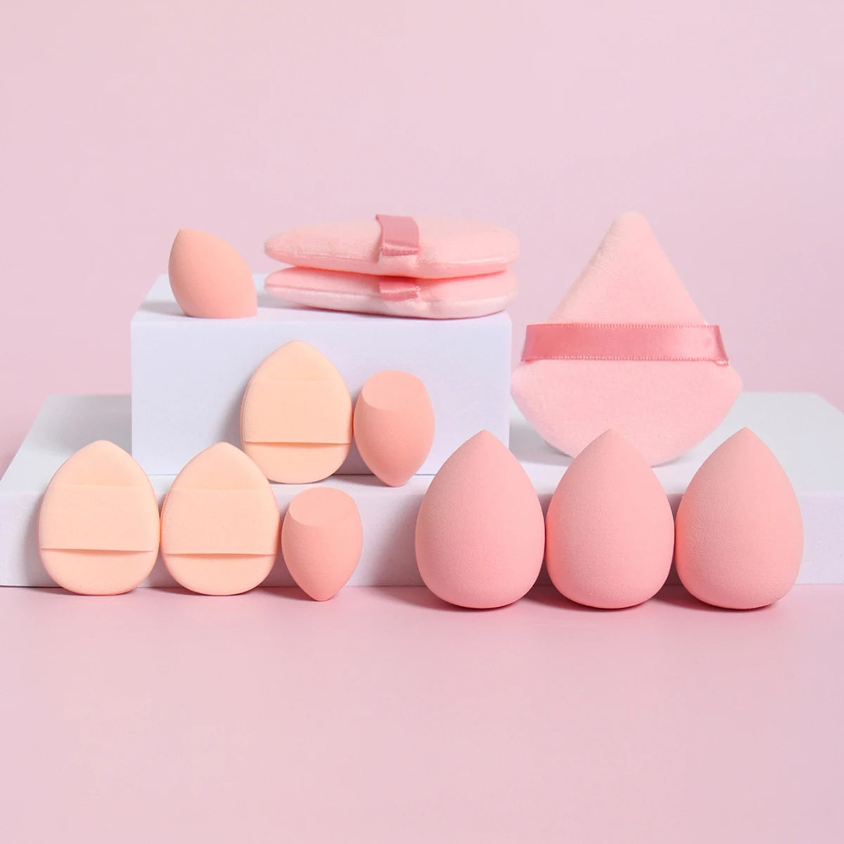 “12-piece makeup sponge set: powder puffs, air cushion puffs, and beauty eggs.”